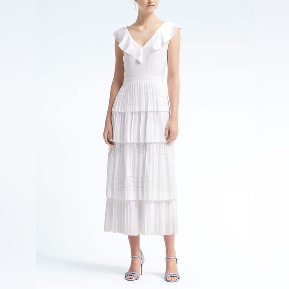 Banana Republic Laser Cut Ruffle Tier Midi Dress in white Size 6 - Picture 1 of 8